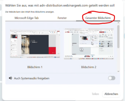 Gesamter Bildschirm teilen auswählen