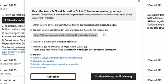 Die Abbildung zeigt das Pop-Up Fenster welches sich öffnet, wenn Sie bei der Option 2 a) auf "Hier klicken" gedrückt haben. Sie zeigt die Schritt für Schritt Anleitung um den Produkt-Key für ein bestehendes und aktives IUR Abonnement zu aktivieren.