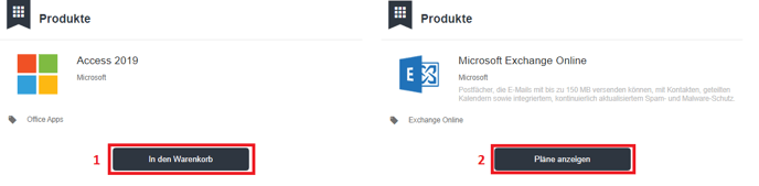 Auf dem Bild sehen sie links ein Produkt was direkt dem Warenkorb hinzugefügt werden kann. Rechts daneben eines bei dem ein weiterer Plan/Dienst  ausgewählt werden muss.